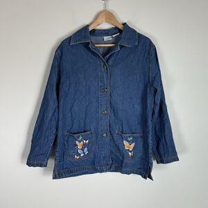 Vintage L Jean Denim Shirt Jacket Lightweight Embroidered Button Up Butterfly
